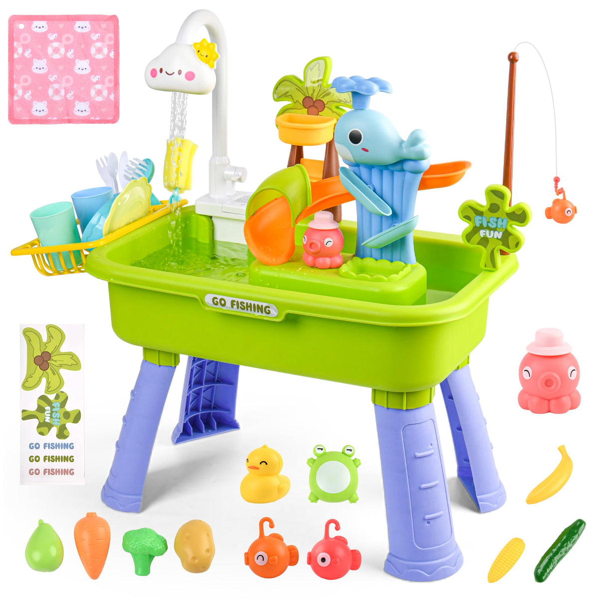 AZTWMYS toddler sand-water table with electric pump for engaging sensory play.