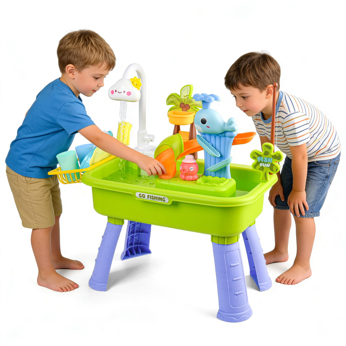 AZTWMYS water table faucet action demonstrates realistic water flow.