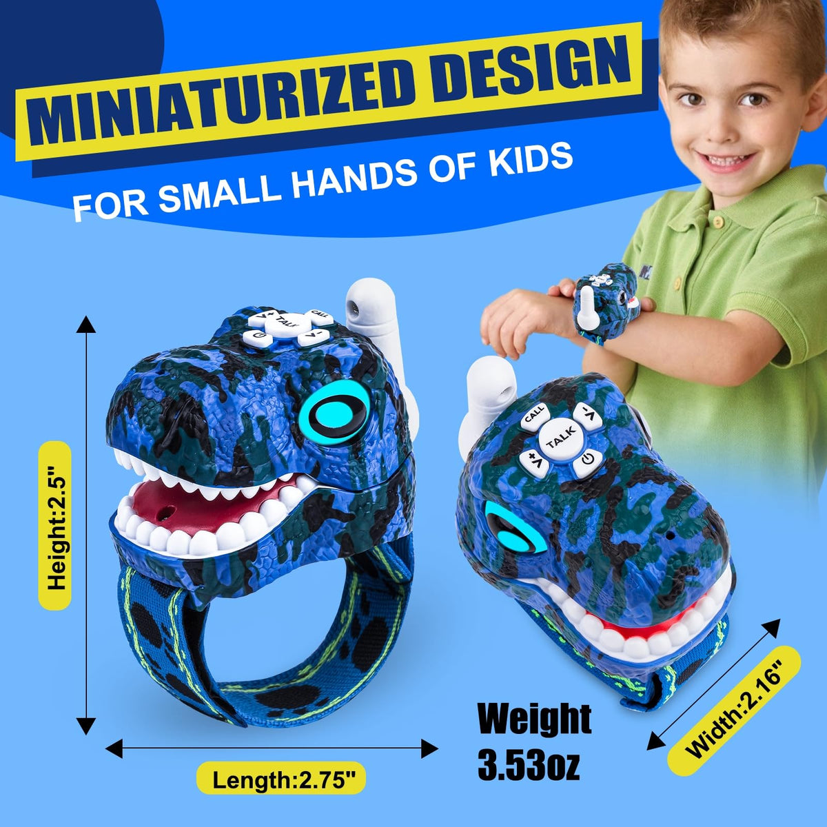 AZYFEI dinosaur walkie talkie with three glowing eye colors for easy channel matching.