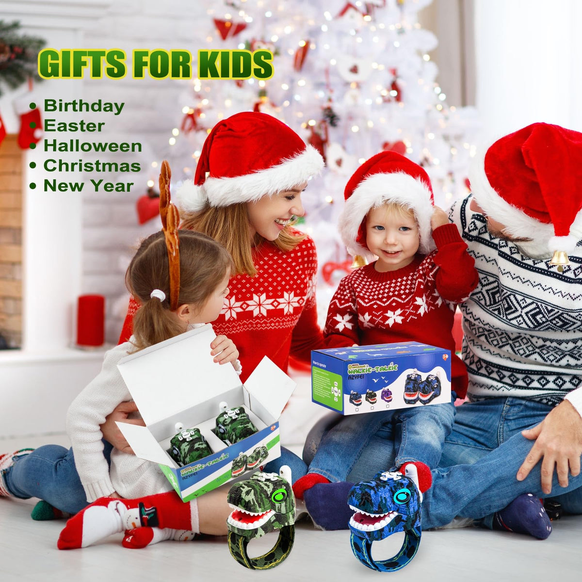 AZYFEI dinosaur walkie talkie gift-ready packaging image for easy gifting.