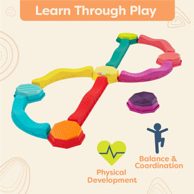 B. toys Balance & Groove Set children navigate beams while building motor skills.