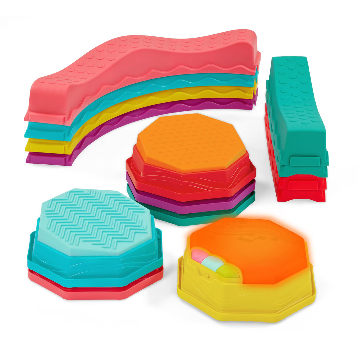 B. toys Balance & Groove Set play packs with musical games for solo or group fun.
