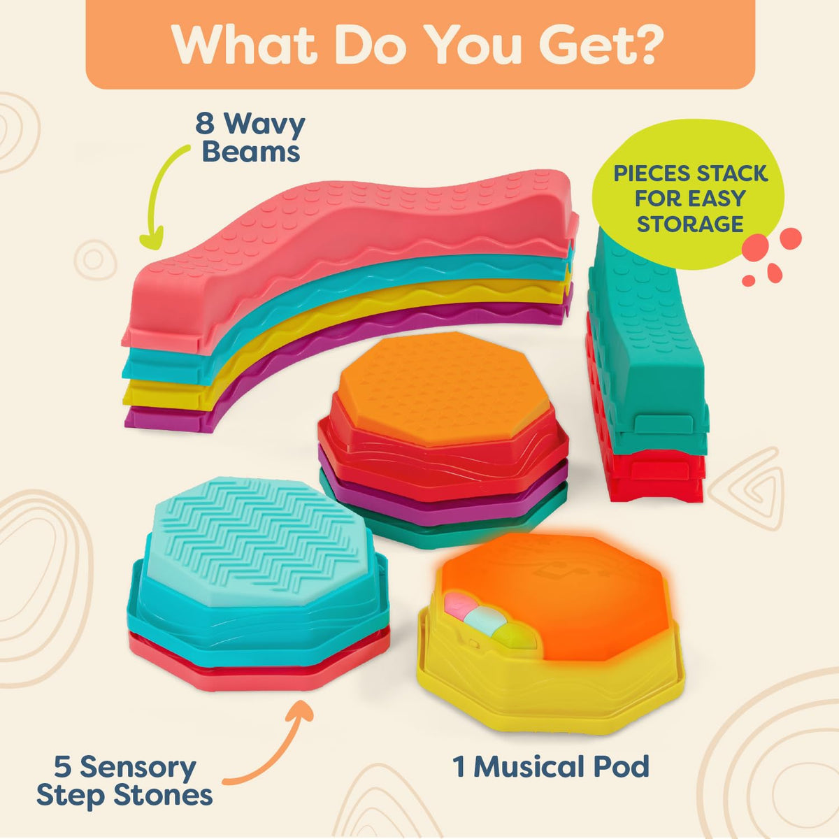 B. toys Balance & Groove Set glowing musical stepping stone enhances dance and rhythm.