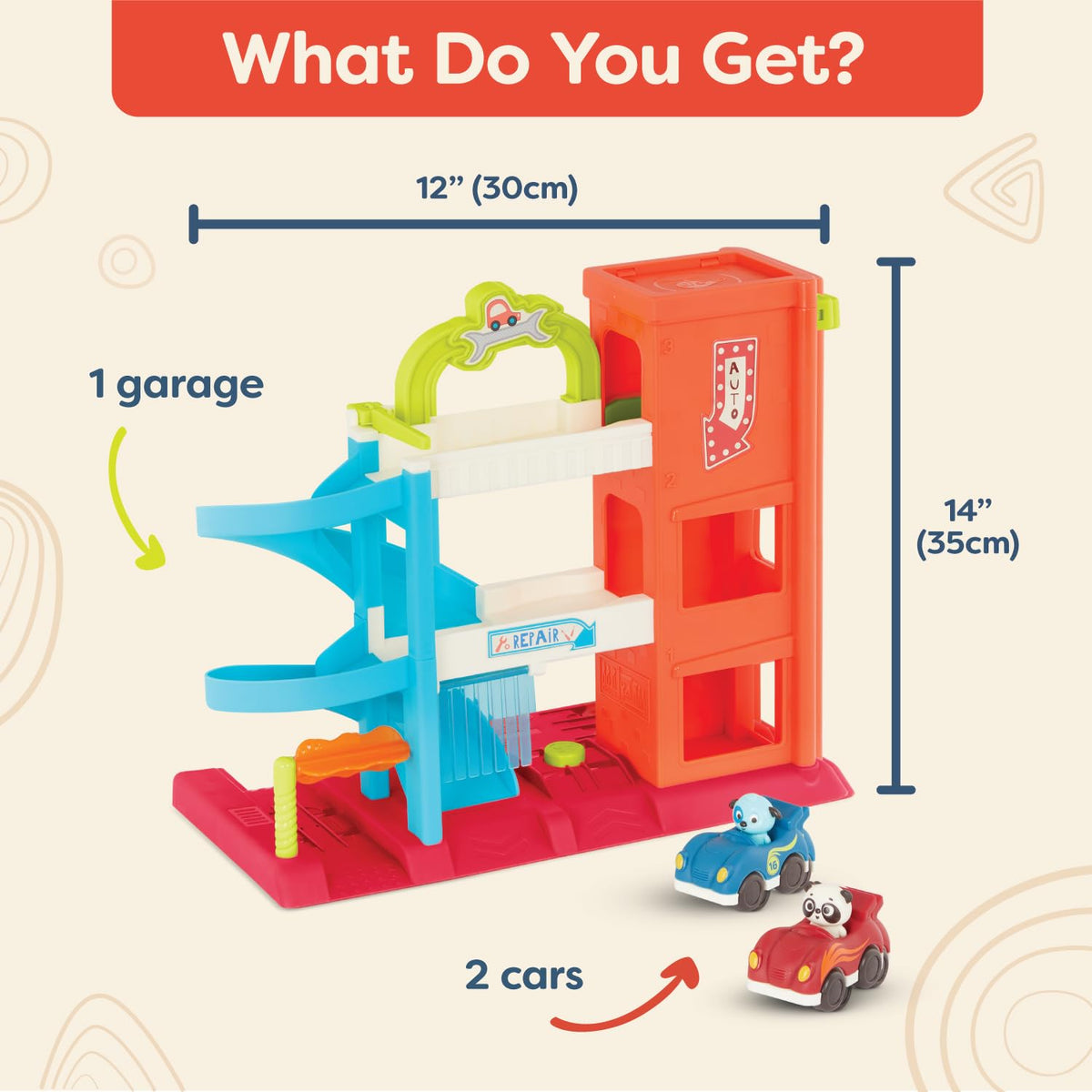 B. toys Bingo's Garage mini cars—perfect for parking and imaginative driving.