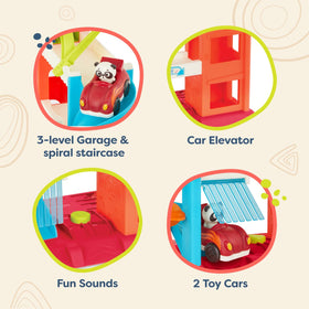 B. toys Bingo's Garage swirly slide—colorful rush for toddlers' pretend adventures.