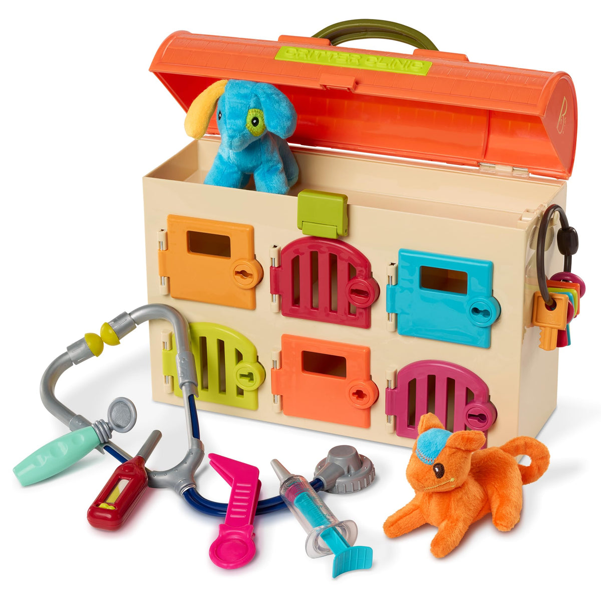 B. toys Critter Clinic front view with portable hospital for pretend play.