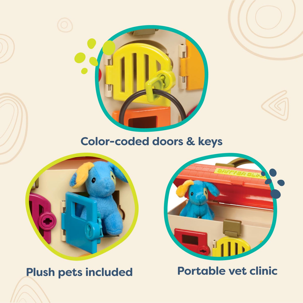 B. toys Critter Clinic six color-coded rooms with keys for organization.