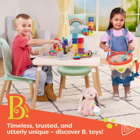 B. toys Critter Clinic compact storage handle supports on-the-go play.
