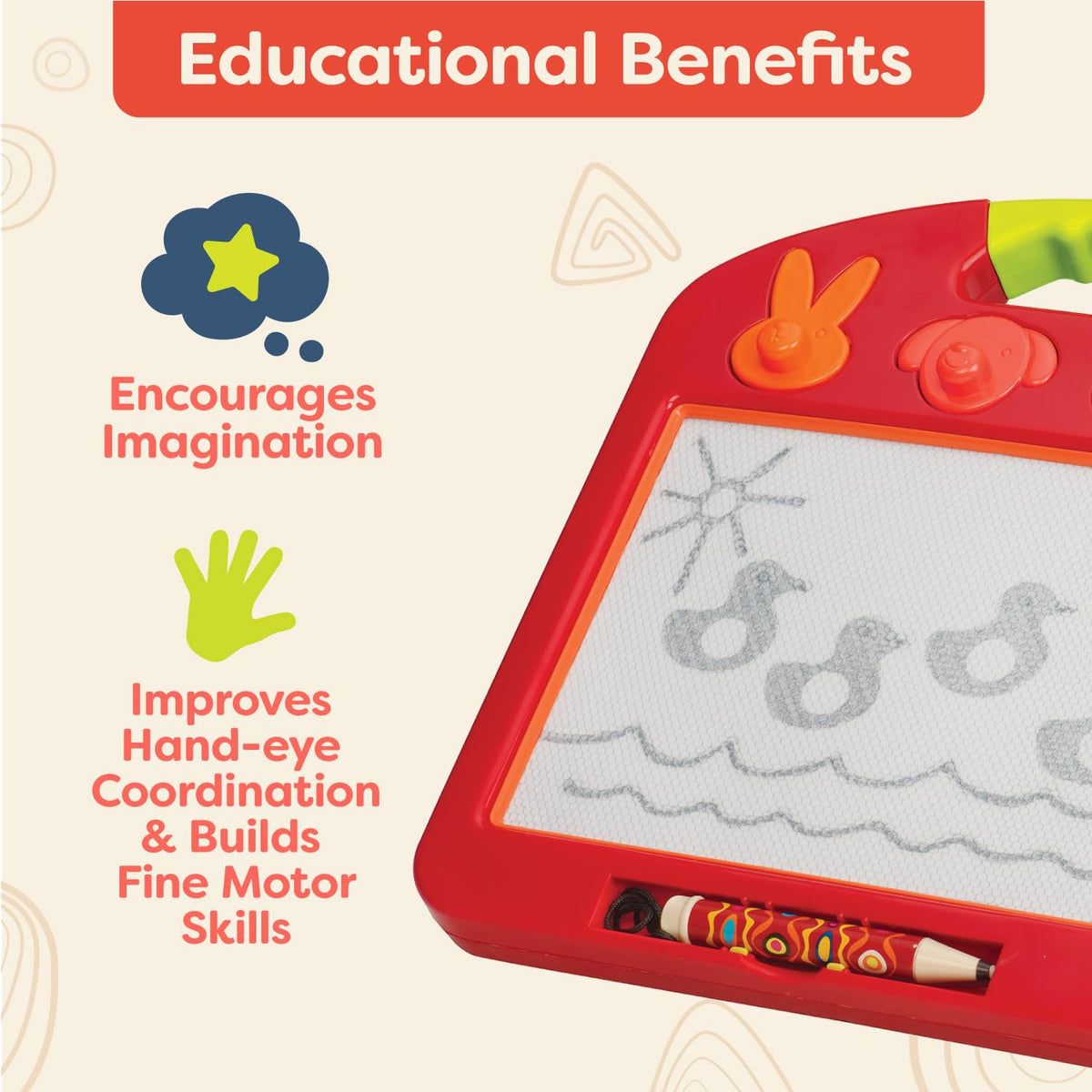 B. toys Eraser knob lets kids reset drawings quickly during play.