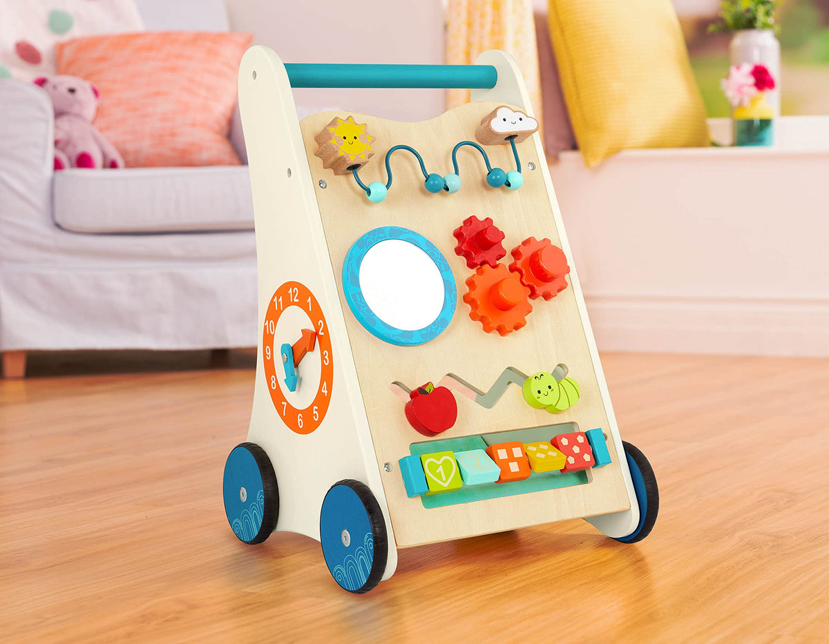 B. toys Little Learning Steps wooden walker clock encourages early time tuning skills.