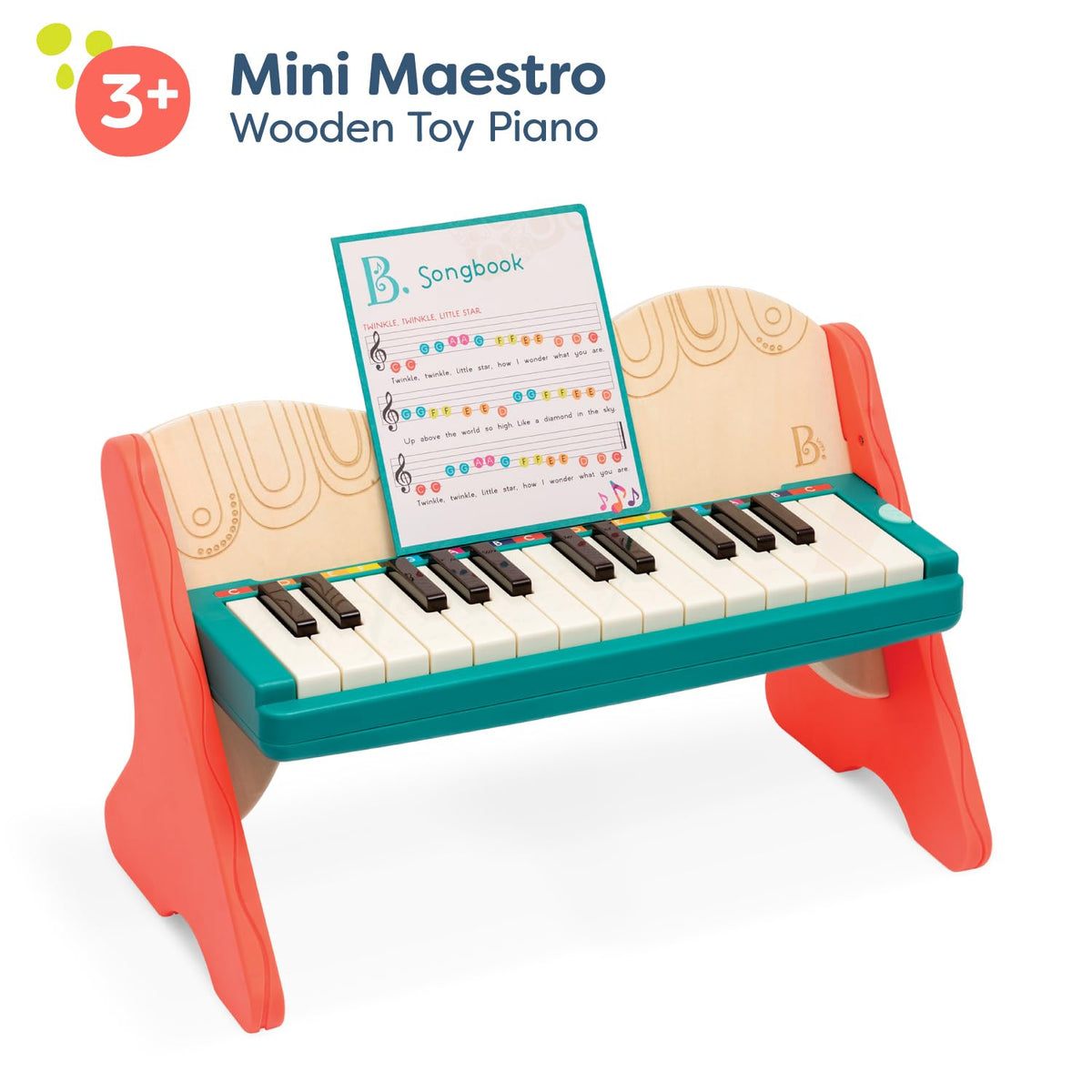 B. toys Mini Maestro wooden piano close-up showing natural wood grain.