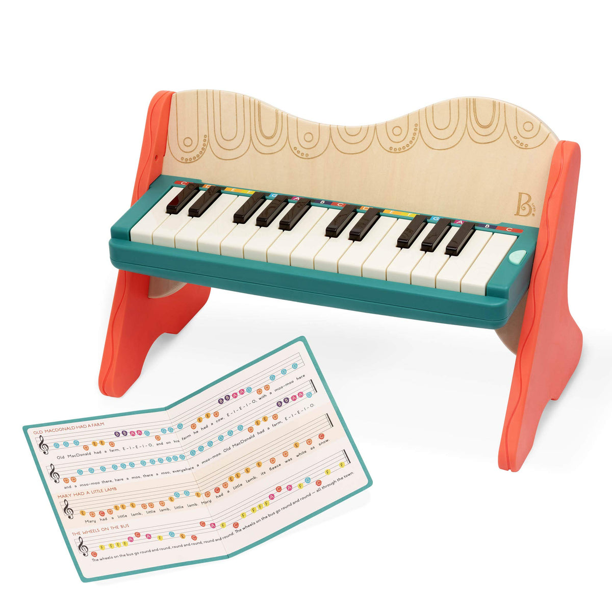 B. toys Mini Maestro wooden piano with color-coded keys for early music exploration.