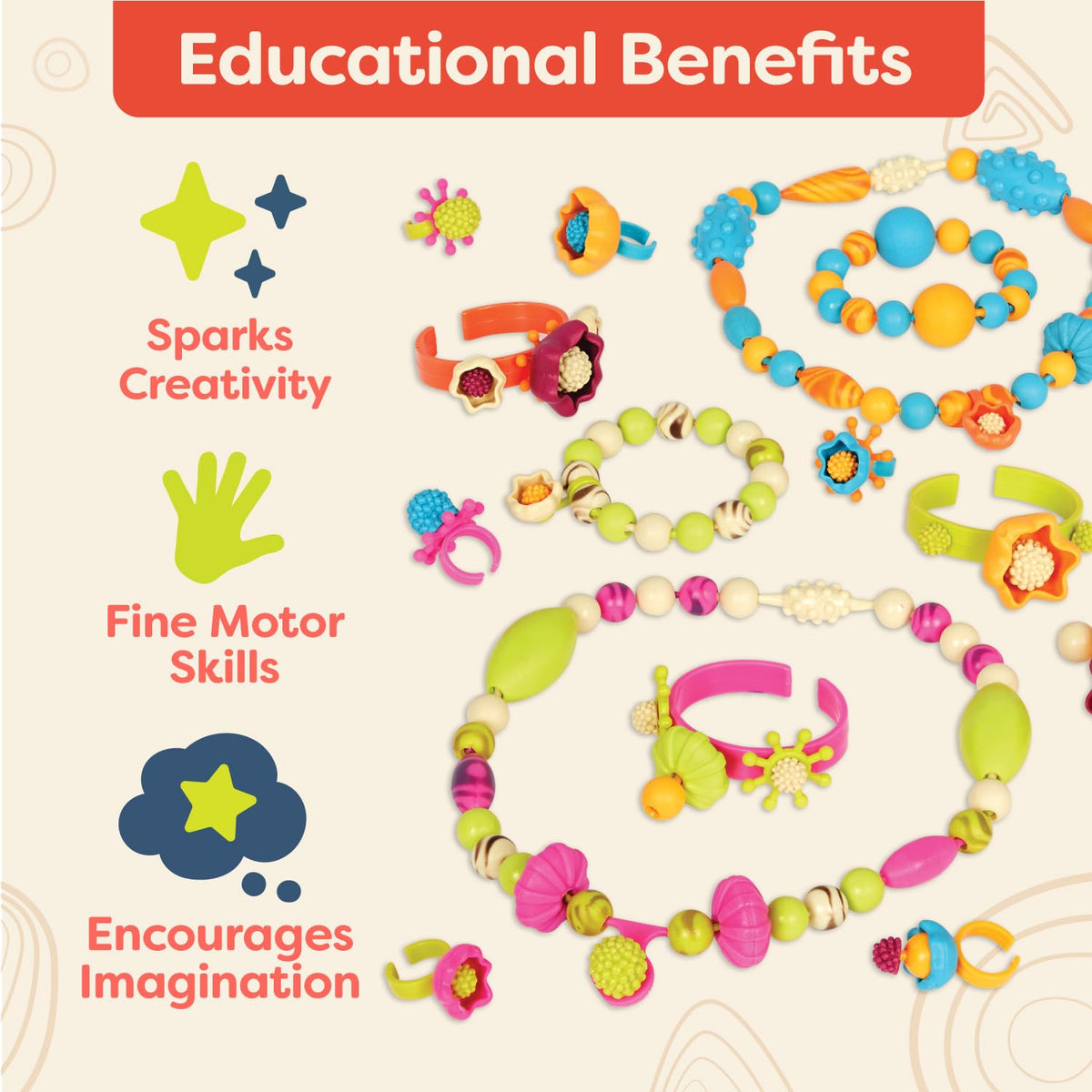 B. toys Pop-Arty snap-together beads are easy for tiny hands.