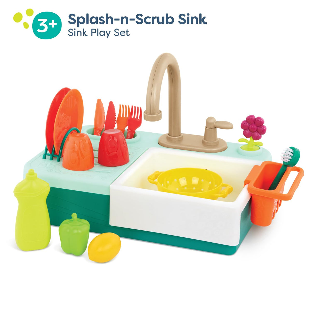 B. toys Splash-n-Scrub Sink offering a realistic faucet for interactive pretend play.