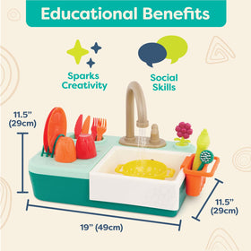 B. toys Splash-n-Scrub Sink showing running water feature during playtime.