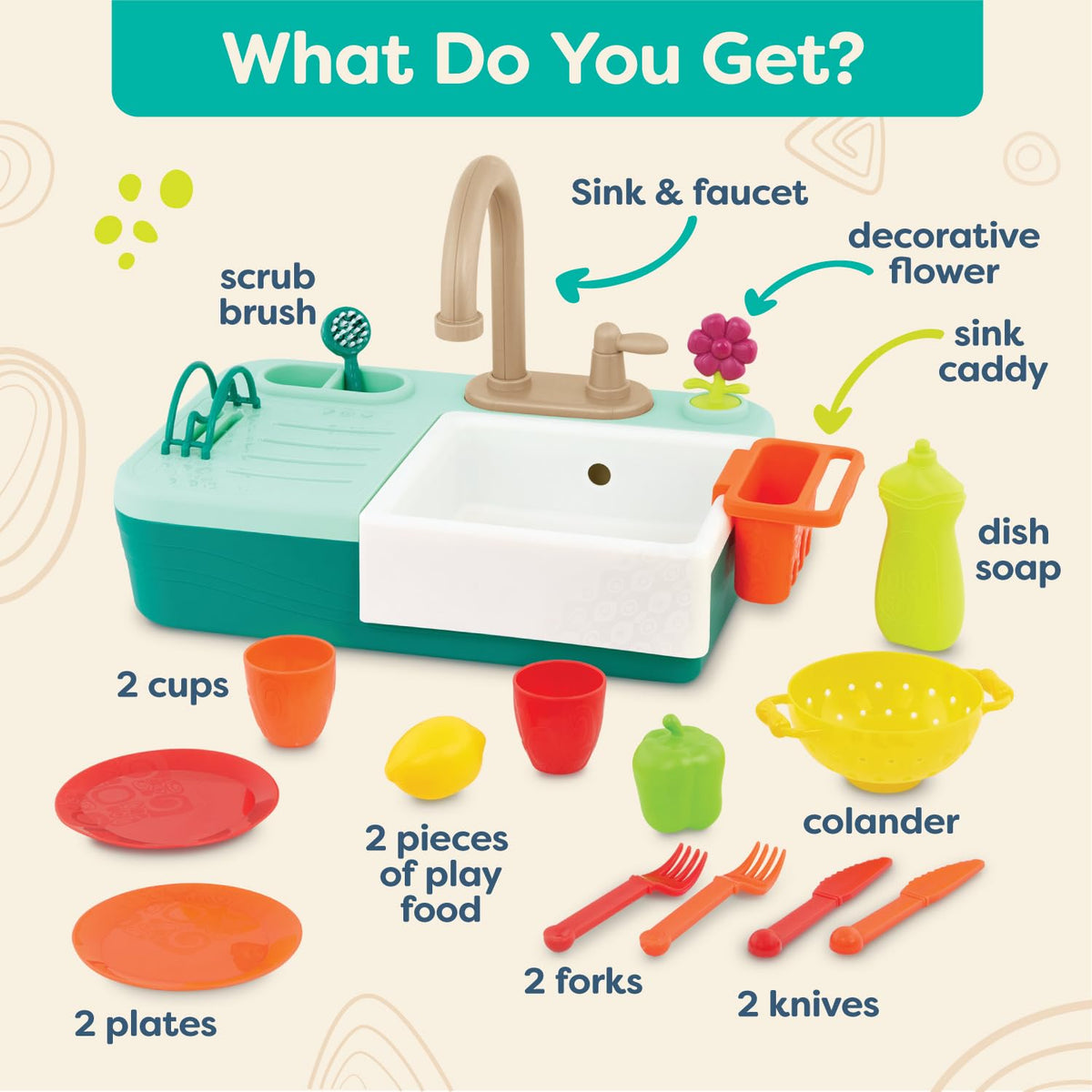 B. toys Splash-n-Scrub Sink includes scrub brush and dish rack for organization.