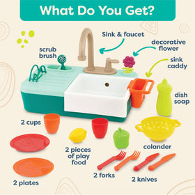 B. toys Splash-n-Scrub Sink includes scrub brush and dish rack for organization.