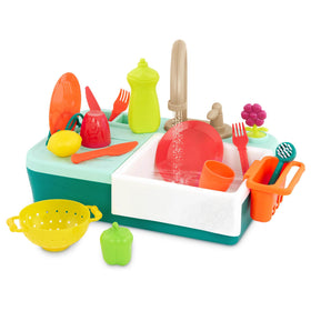 B. toys Splash-n-Scrub Sink with faucet promotes imaginative play and color-changing dishware.