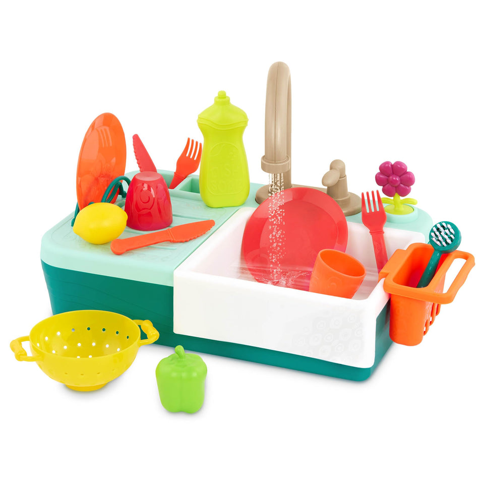 B. toys Splash-n-Scrub Sink with faucet promotes imaginative play and color-changing dishware.