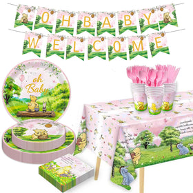 B4b3e pink Winnie Bear plates for a cute baby shower and quick cleanup.