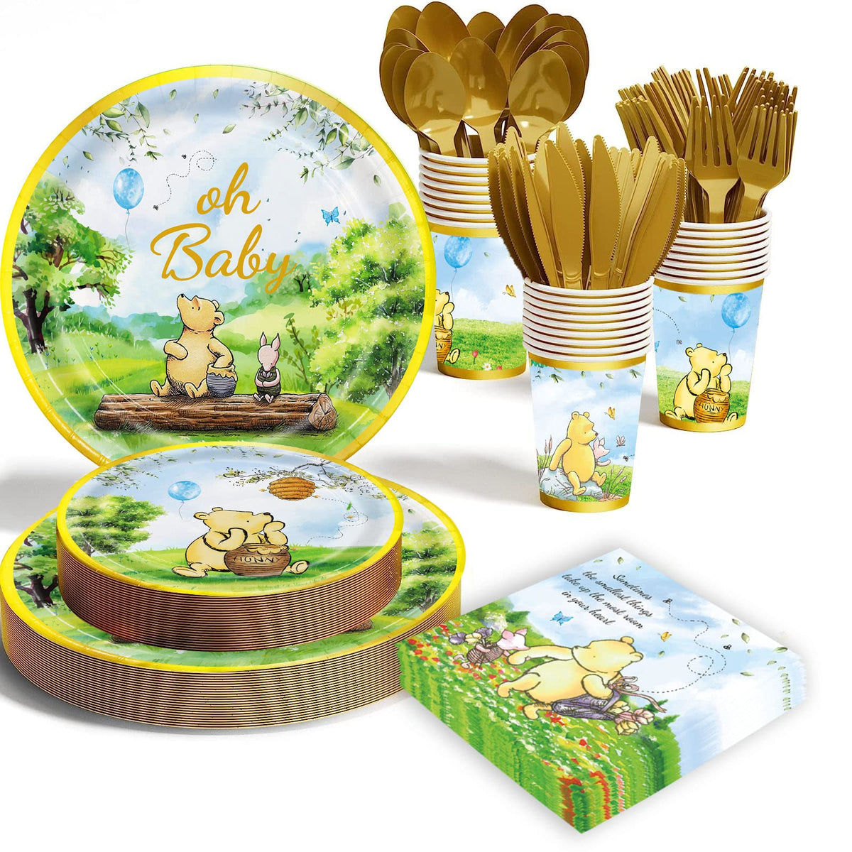 B4b3e Winnie Bear dinner plates for 25 guests with gold foil accents.