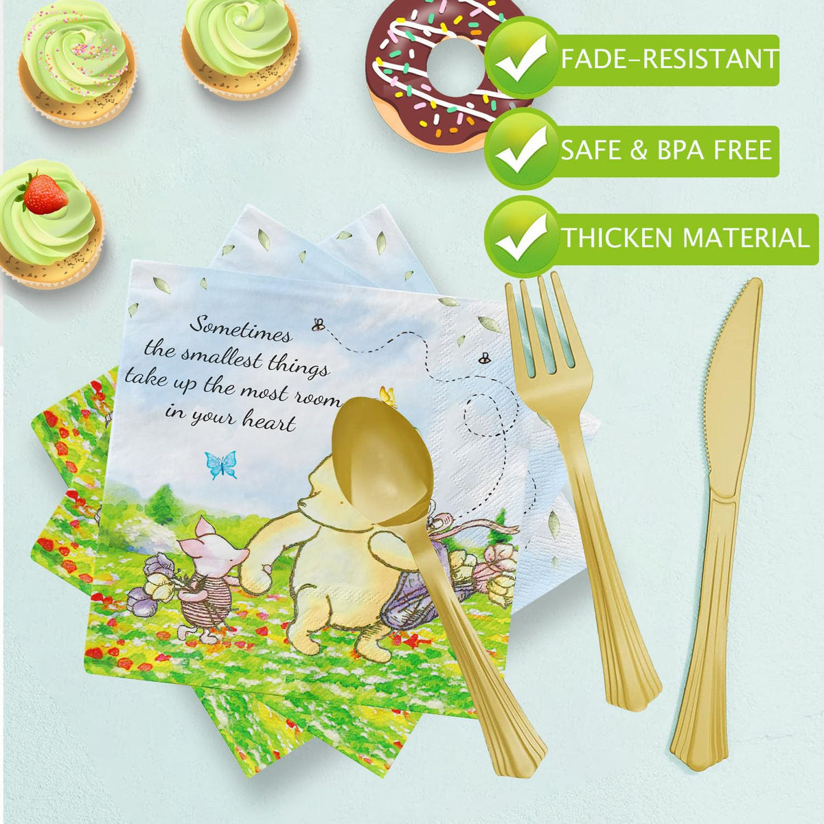 B4b3e Winnie Bear paper napkins with golden foil decor.