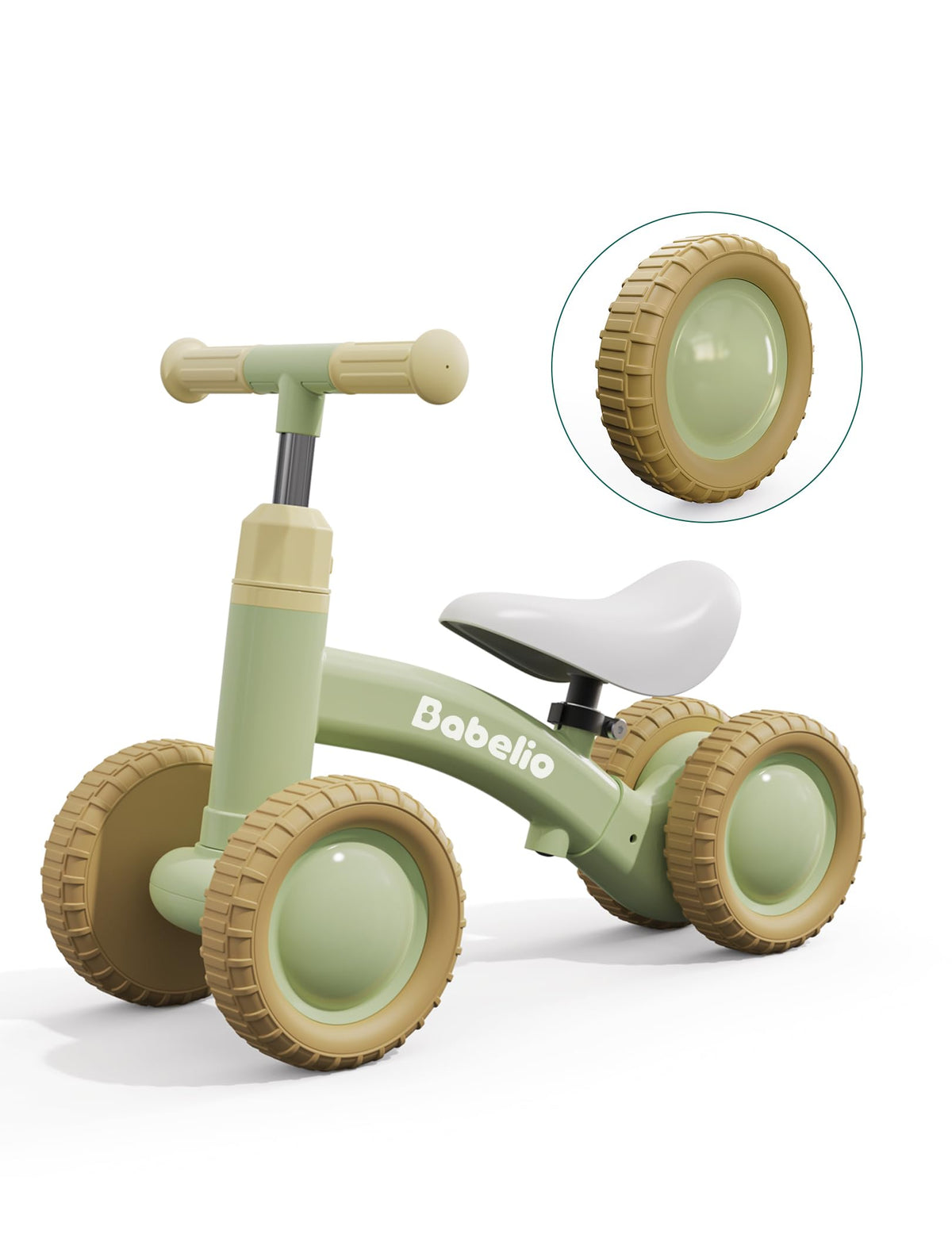 Babelio Off-Roader balance bike in green with rugged tires for versatile indoor-outdoor traction.
