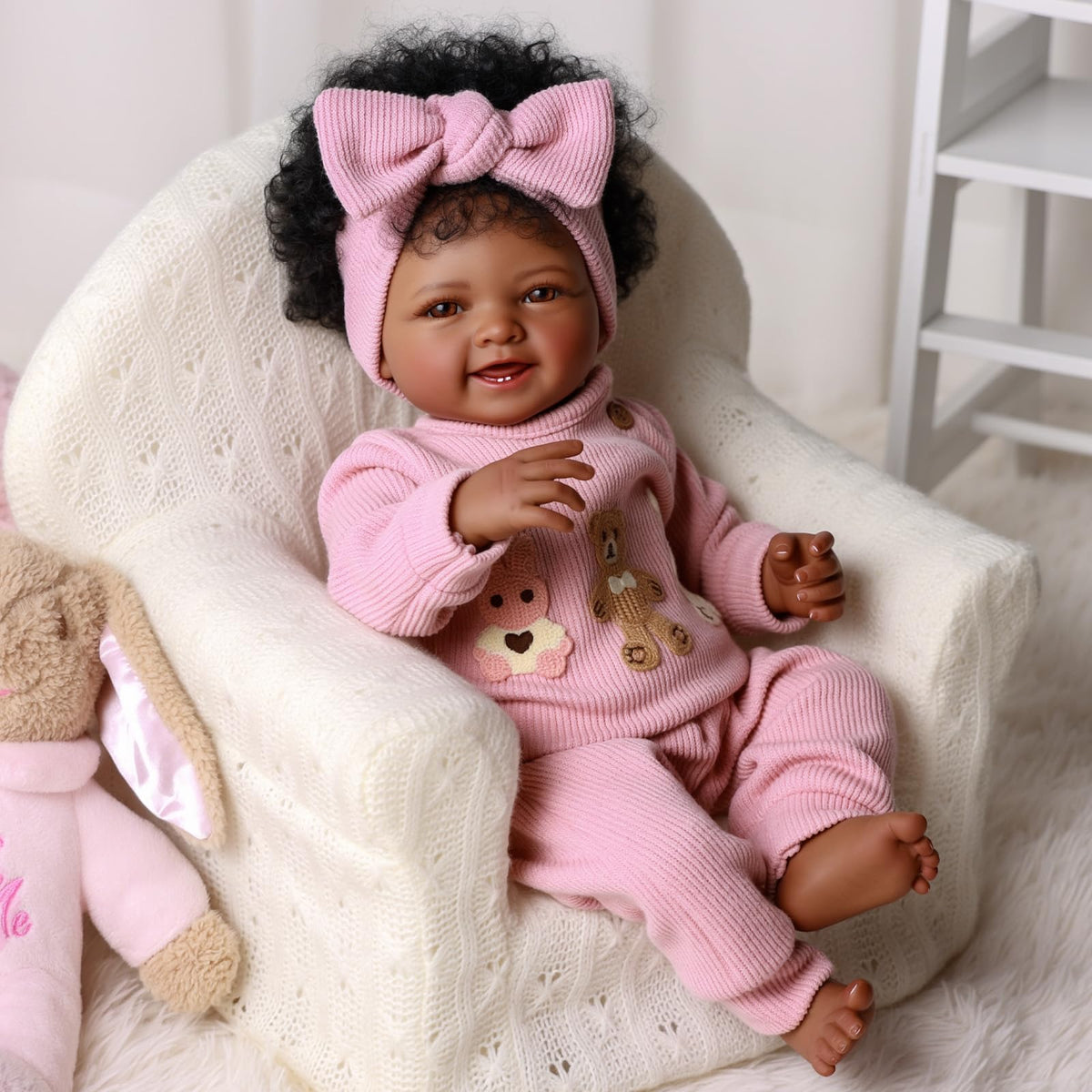 BABESIDE 17-inch African American doll with rooted curly hair for cuddles.