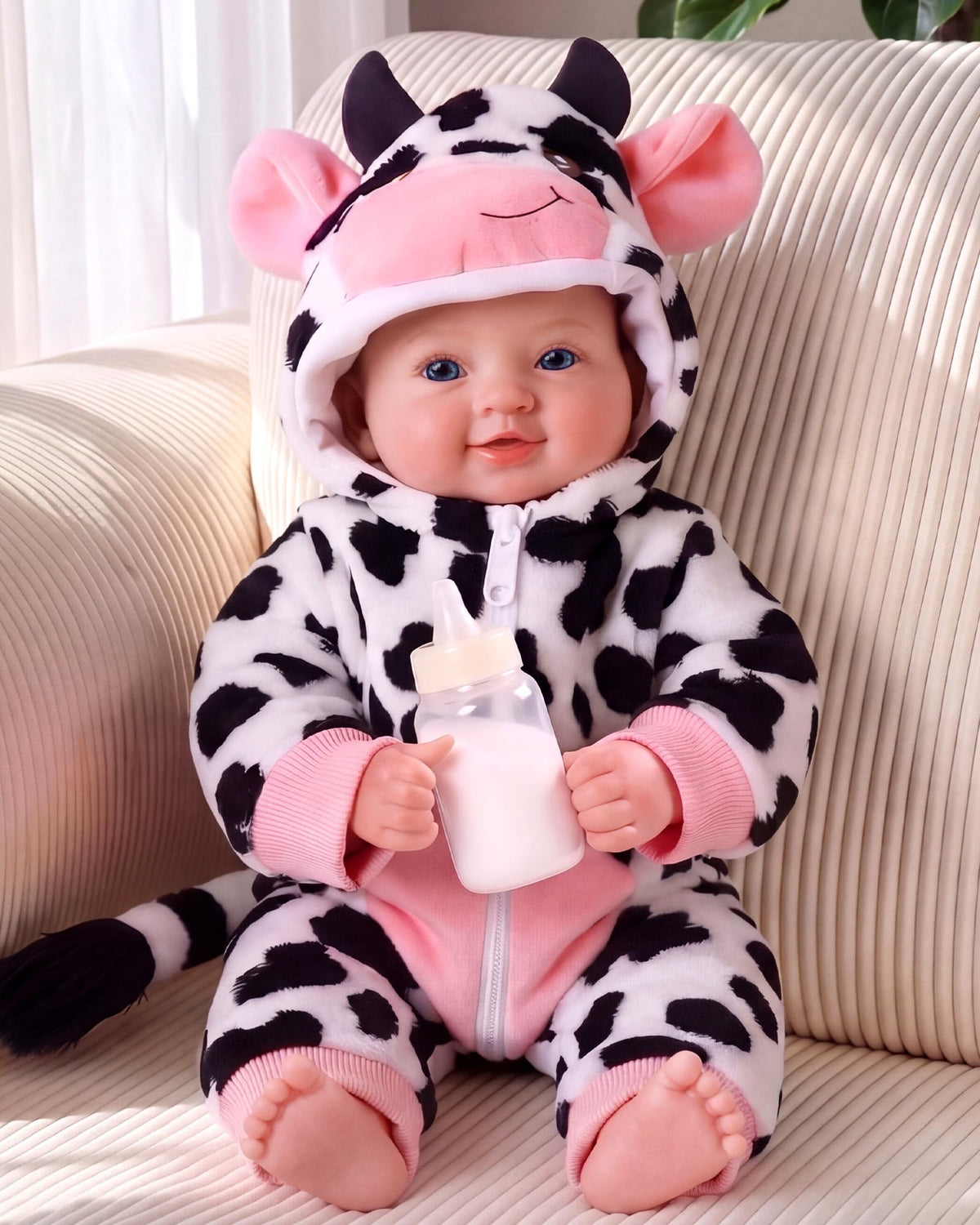 BABESIDE 17-inch doll with cow outfit and blue eyes for imaginative play.