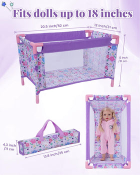 BABESIDE 18-inch doll bed setup showing expandable dimensions.