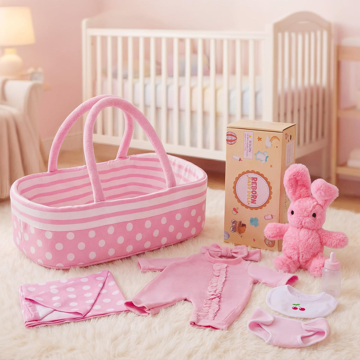 BABESIDE 8pcs doll accessories bassinet for 17-22 inch dolls, portable storage.
