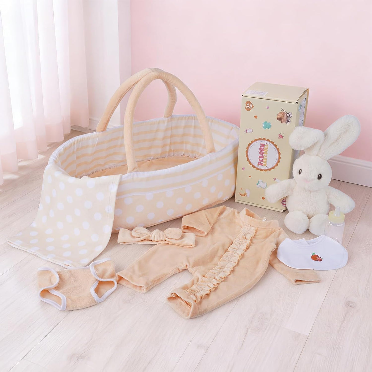 Babeside bassinet image shows portable storage for 17-22 inch dolls, ideal for on-the-go play.