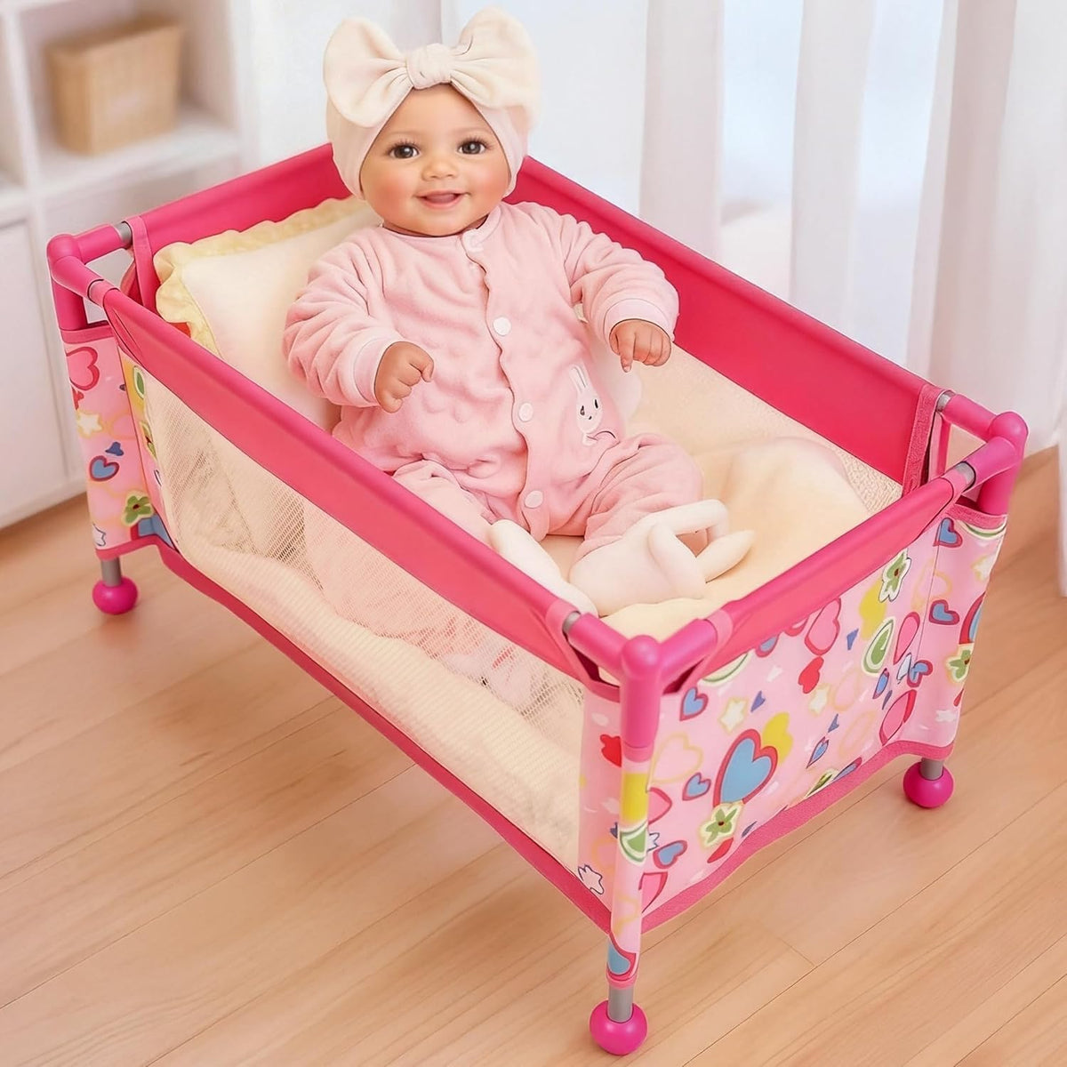 BABESIDE 18-inch doll crib setup for sturdy pretend play.
