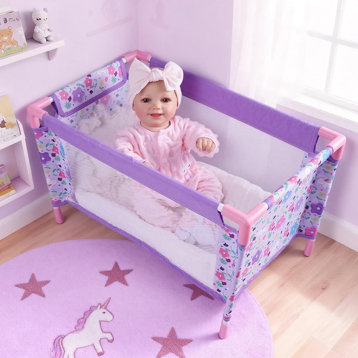 BABESIDE foldable baby doll crib for on-the-go play with 18-inch dolls.