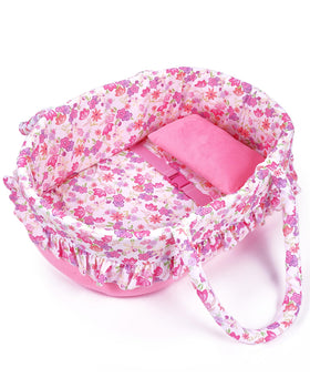 BABESIDE pink floral bassinet with pillow, cozy nap spot for 17-22 inch dolls.
