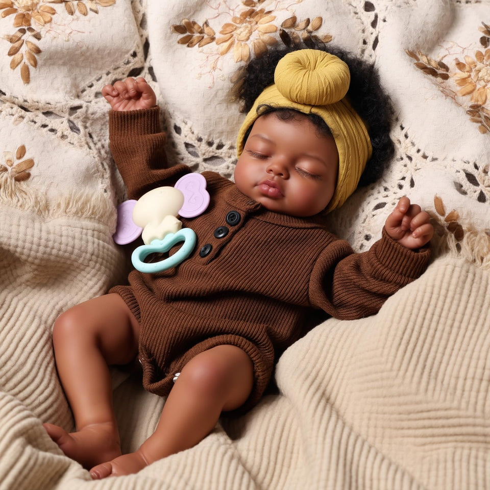 BABESIDE Black Reborn 17-inch doll, front view showcases lifelike newborn realism for imaginative play