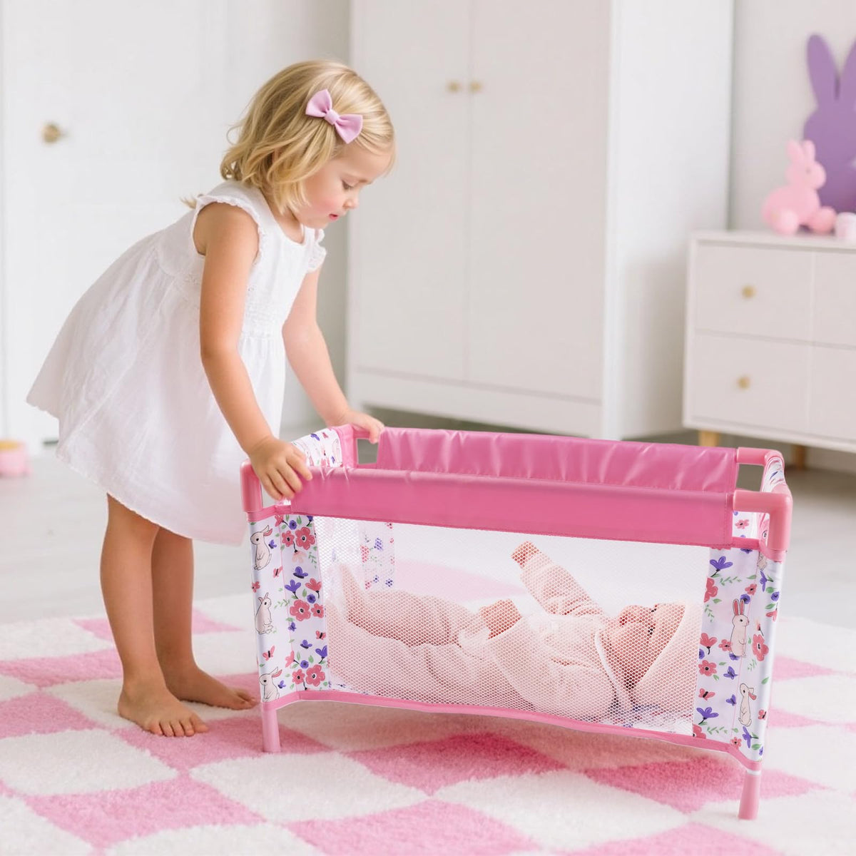 BABESIDE doll bed with metal frame ensures sturdy, safe playtime.