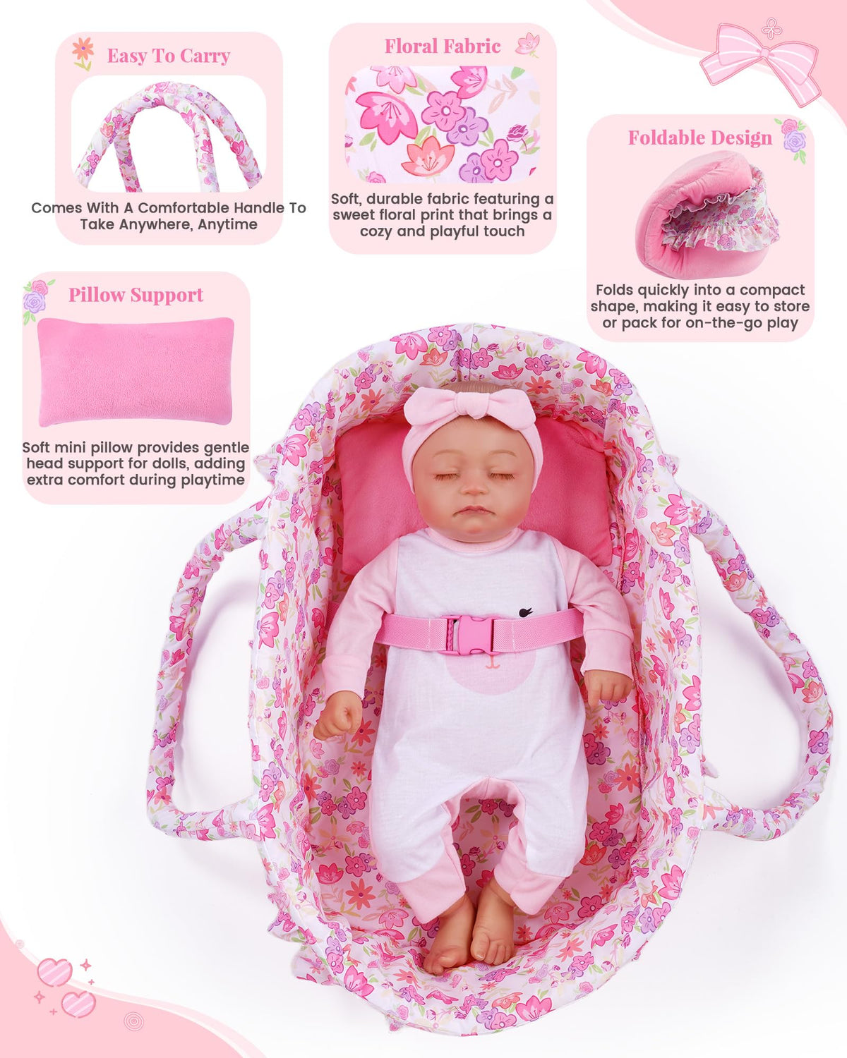 BABESIDE doll nap time setup with floral pattern for pretend play.