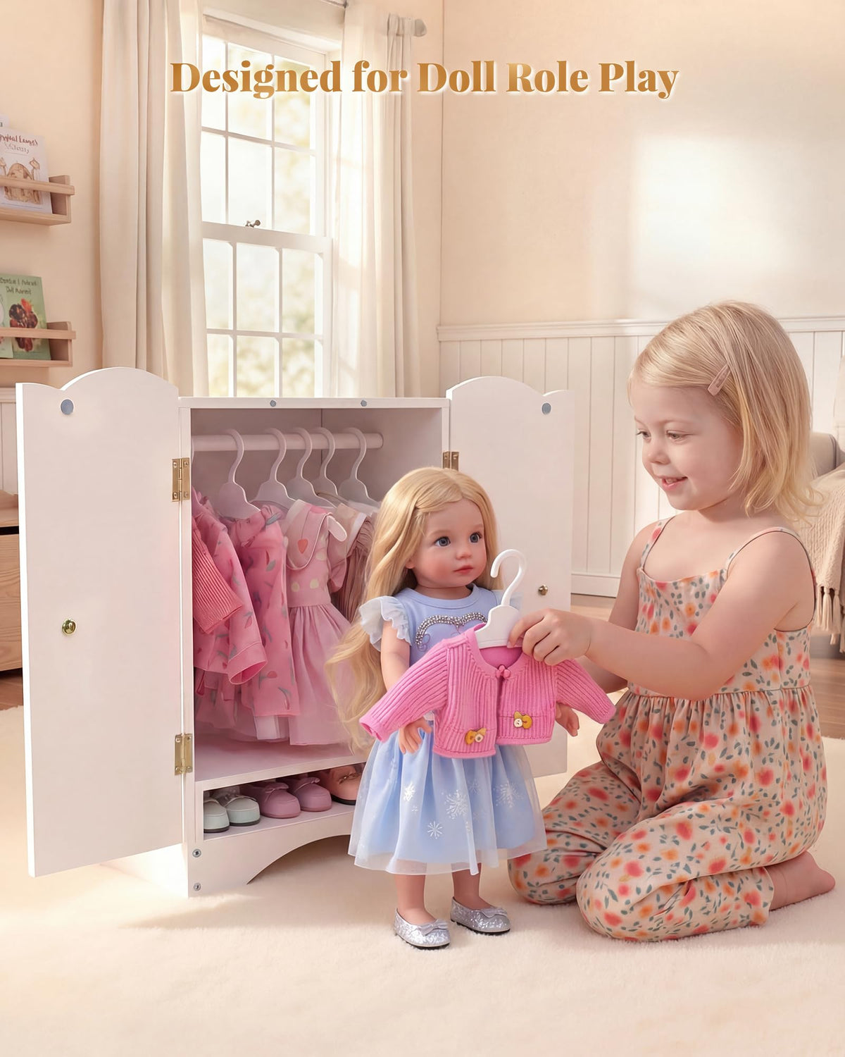 BABESIDE doll wardrobe with hanging rod and shelf for easy storage.