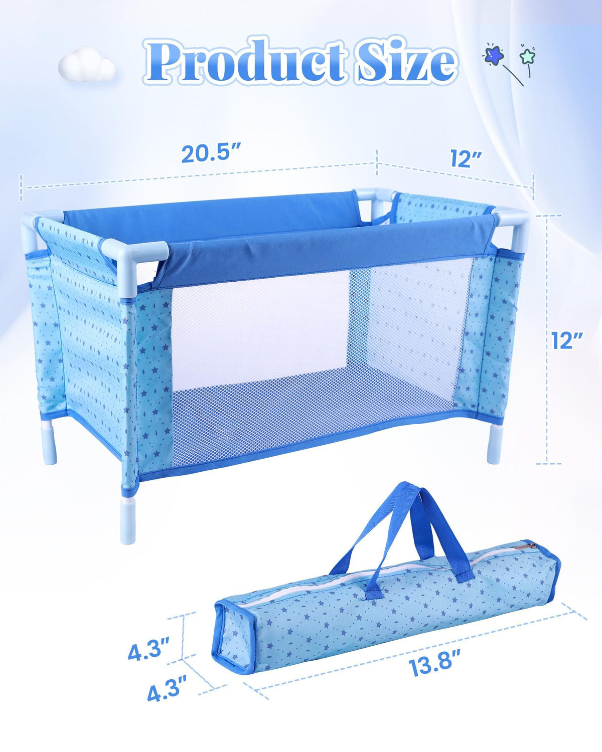 BABESIDE expanded dimensions show 51x30x30 cm for larger dolls.