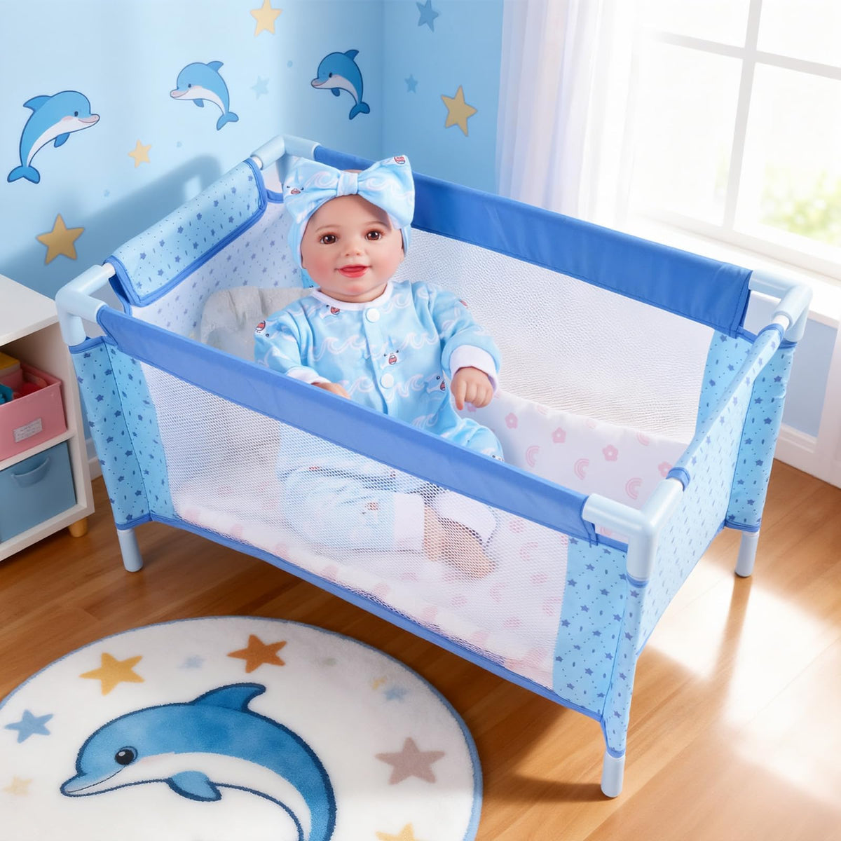 BABESIDE foldable doll crib with storage bag for portable play.