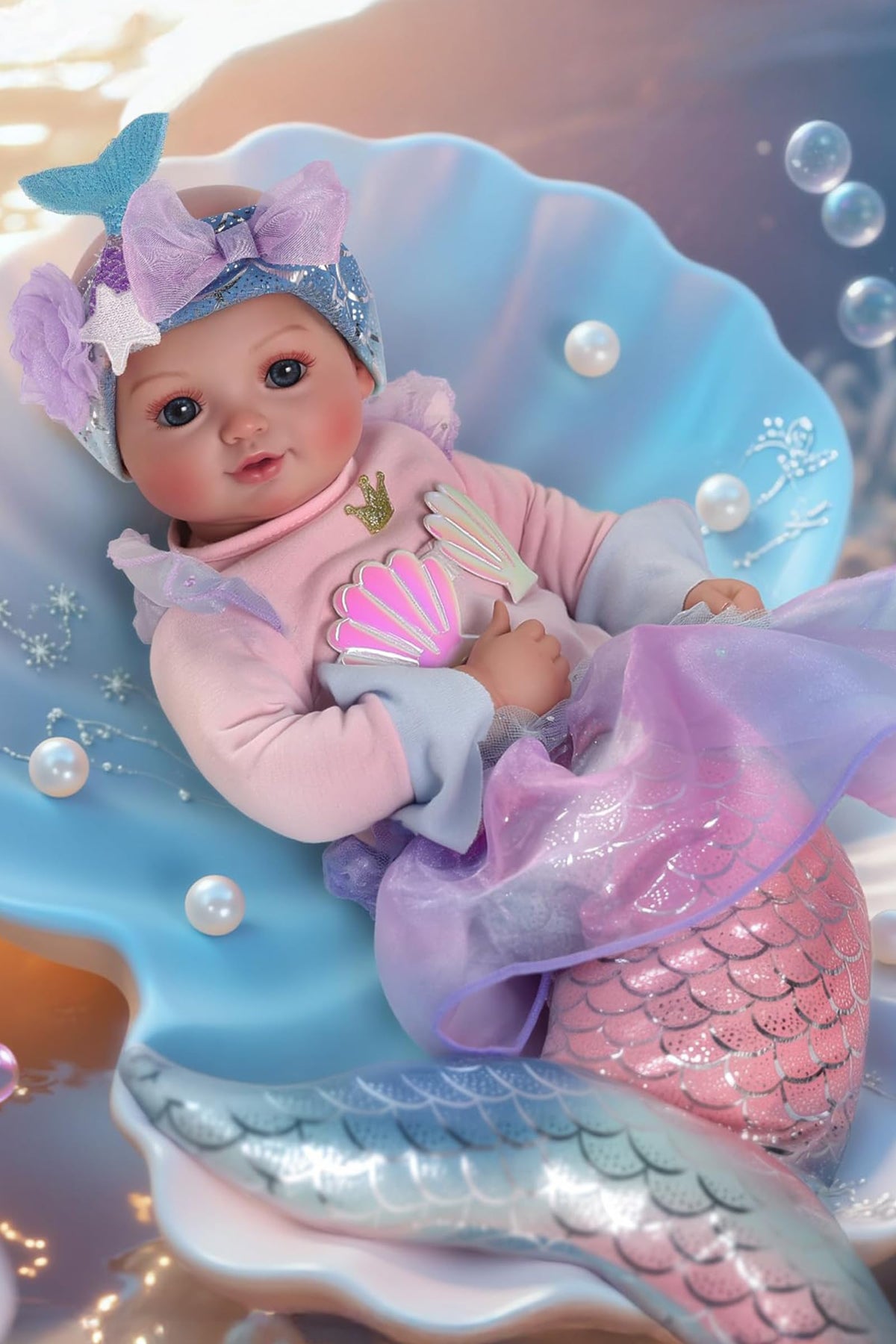 BABESIDE Mermaid Baby Doll face detail with soft vinyl skin for nurturing play