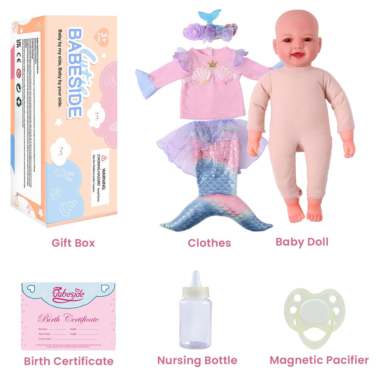 Babeside Mermaid Doll 15inch magnetic pacifier adds realistic care moments.