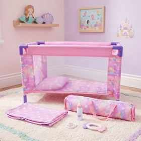 BABESIDE mermaid-pattern crib invites undersea pretend play for 18-inch dolls.