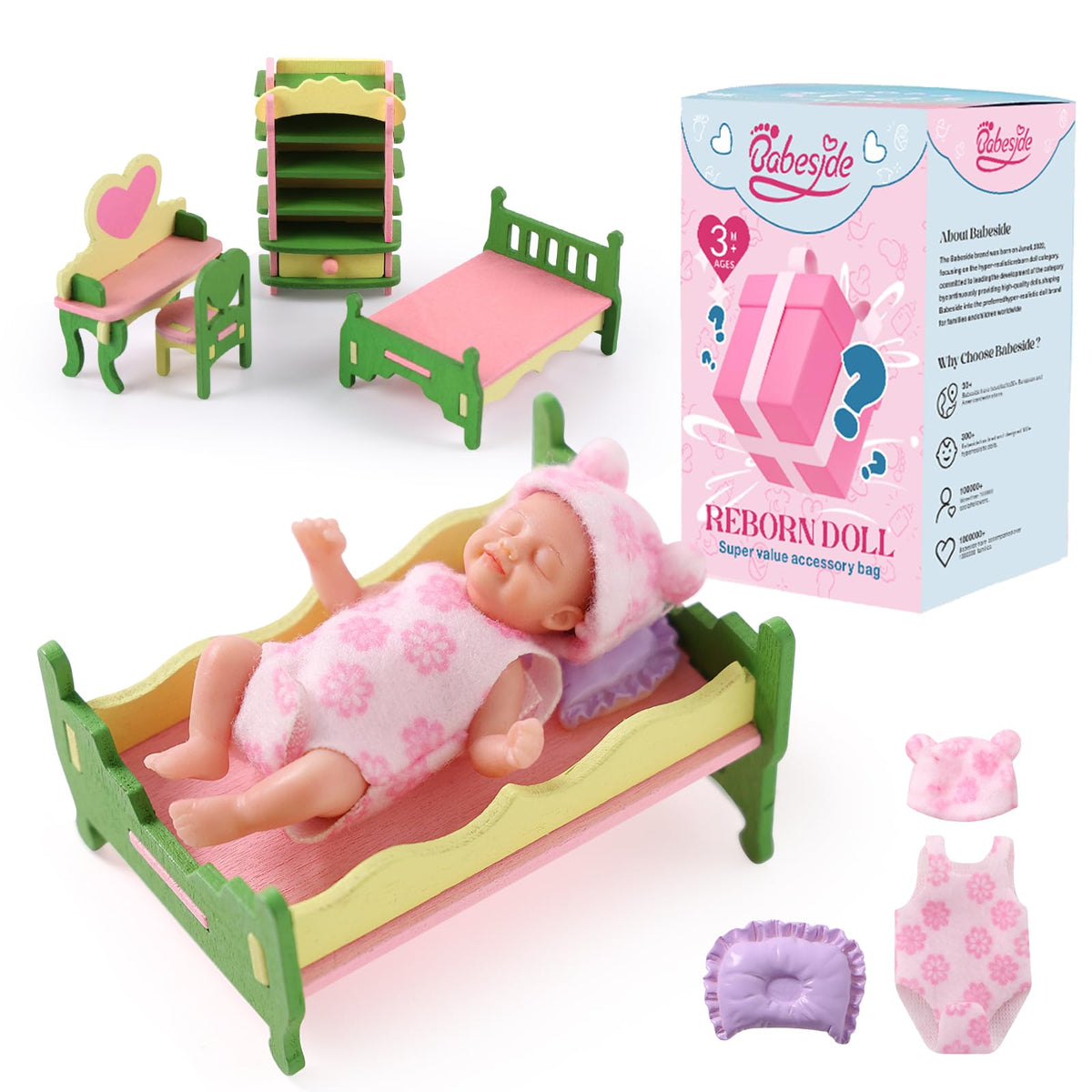 BABESIDE mini silicone baby doll 3-inch face detail showcasing lifelike expression for imaginative play