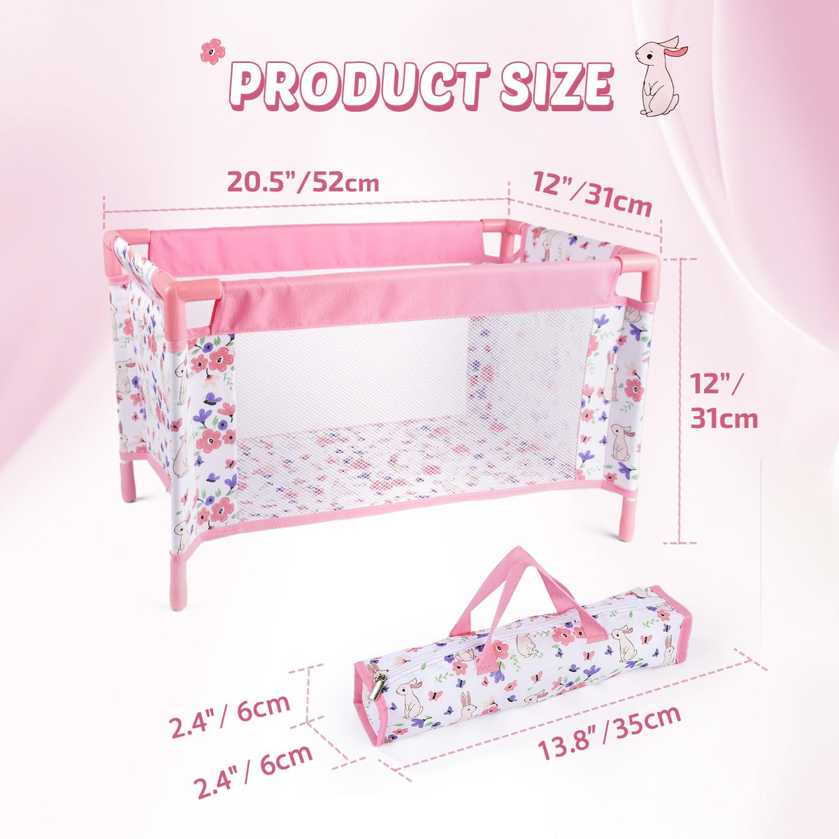 BABESIDE pink doll bed features floral and bunny pattern for cute décor.