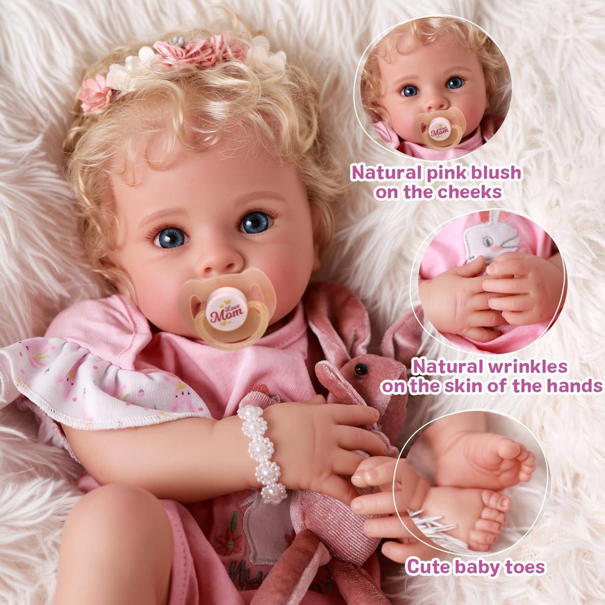 BABESIDE Reborn doll with blonde curly hair enhances dress-up and storytelling fun.