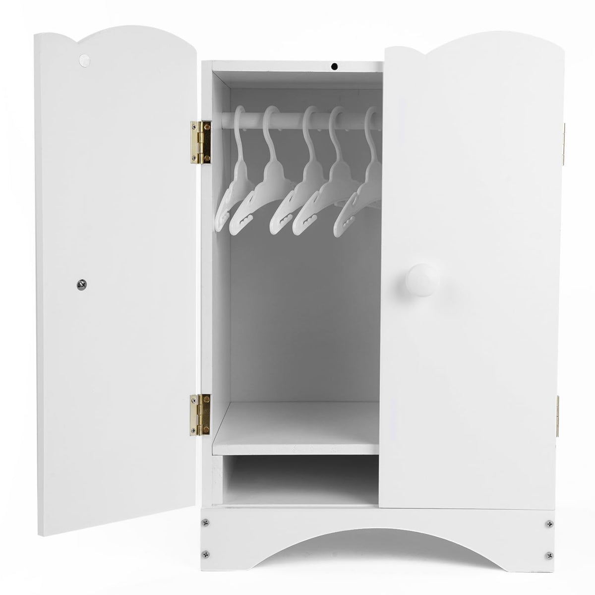 BABESIDE wooden doll closet with 10 hangers keeps outfits neatly organized.
