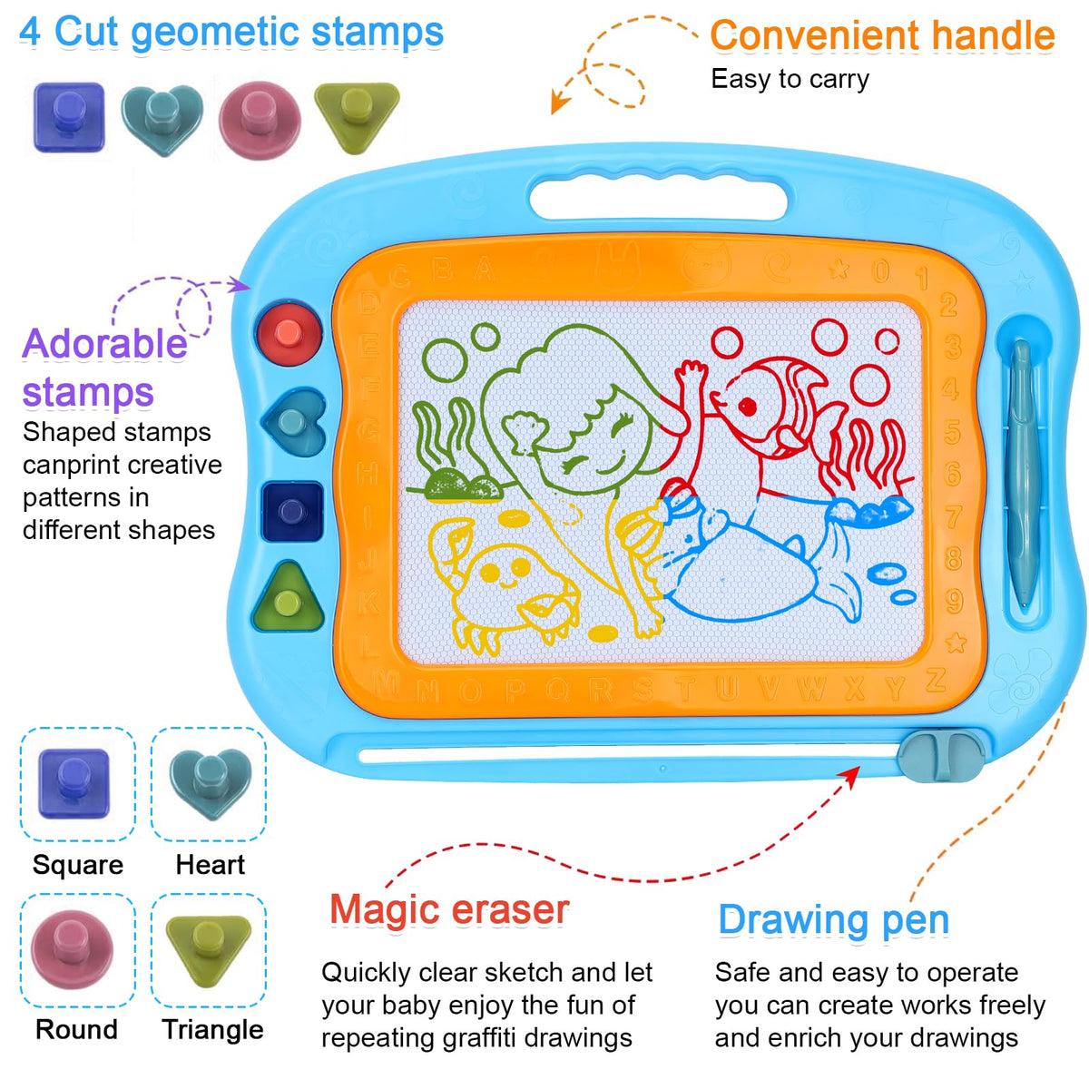 BABLOCVID doodle board with stamps in circle, star, triangle for shape learning.