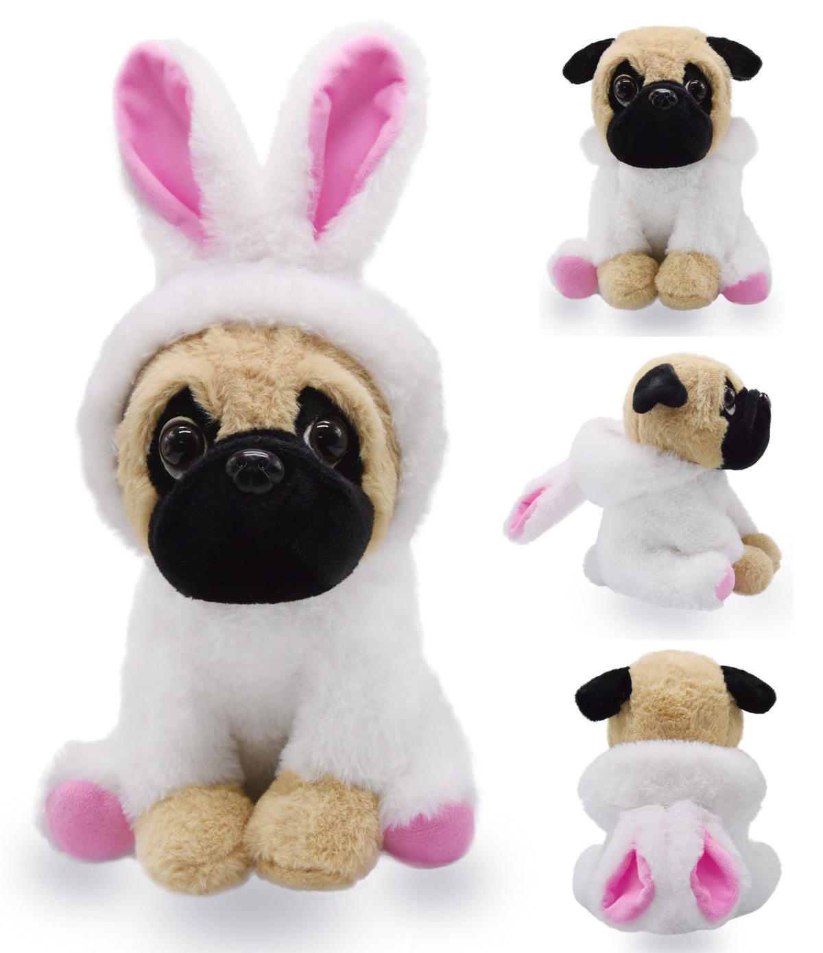 BABOLI cuddly pug in bunny costume side view showing soft fur and hug-worthy charm